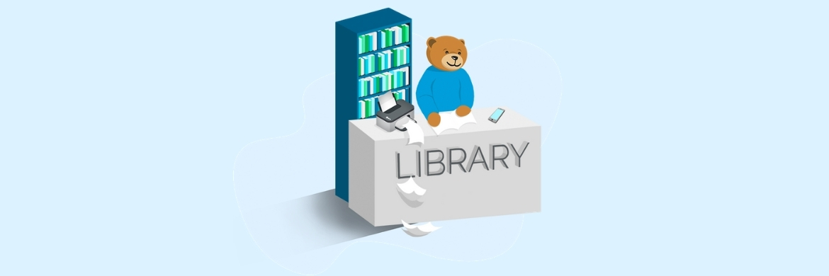 Bear standing at library desk with bookshelf behind
