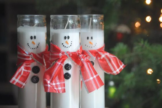 snowman candles with plaid scarf