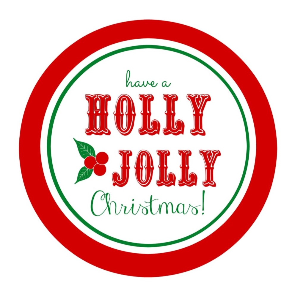 red and green circle with words holly jolly