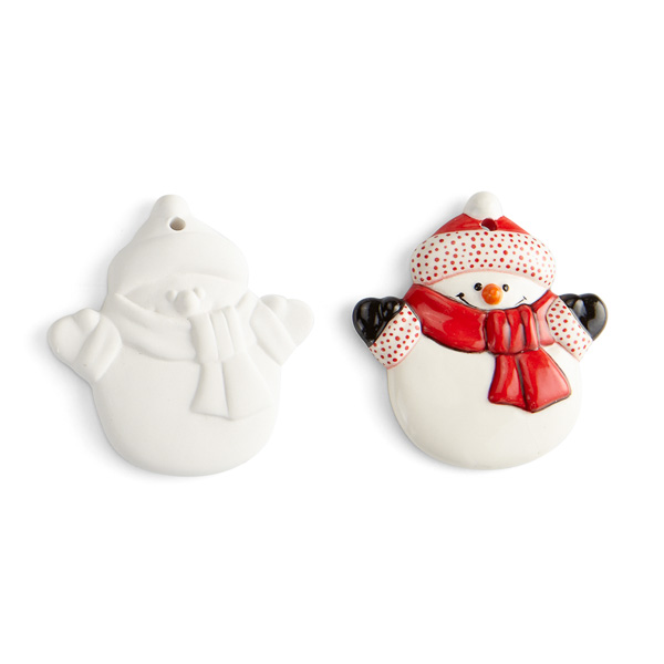 white ceramic snowman ornament with red scarf