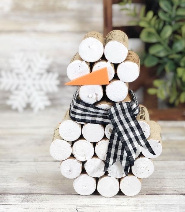 snowman made with white wine corks