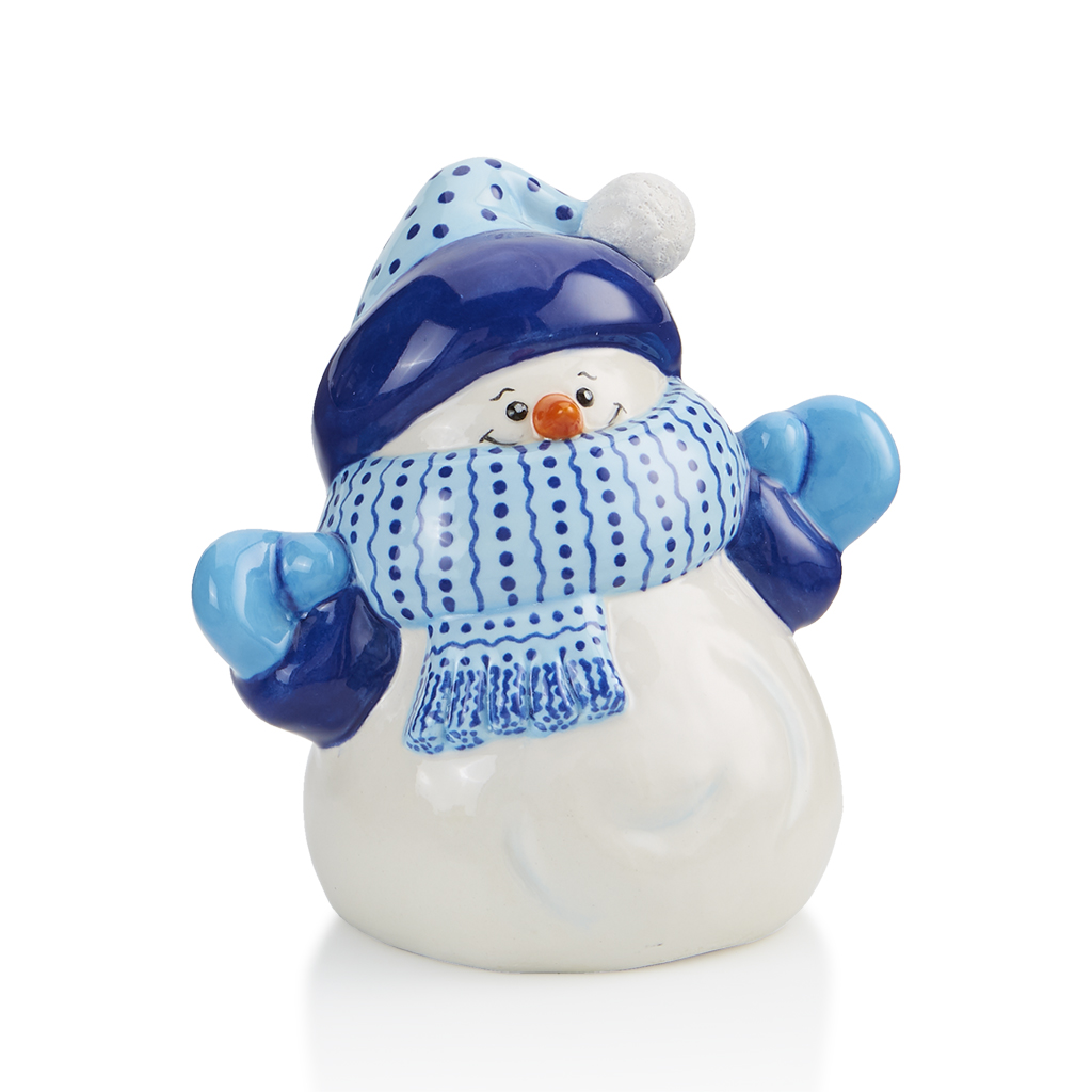 white pottery snowman with blue hat and scarf
