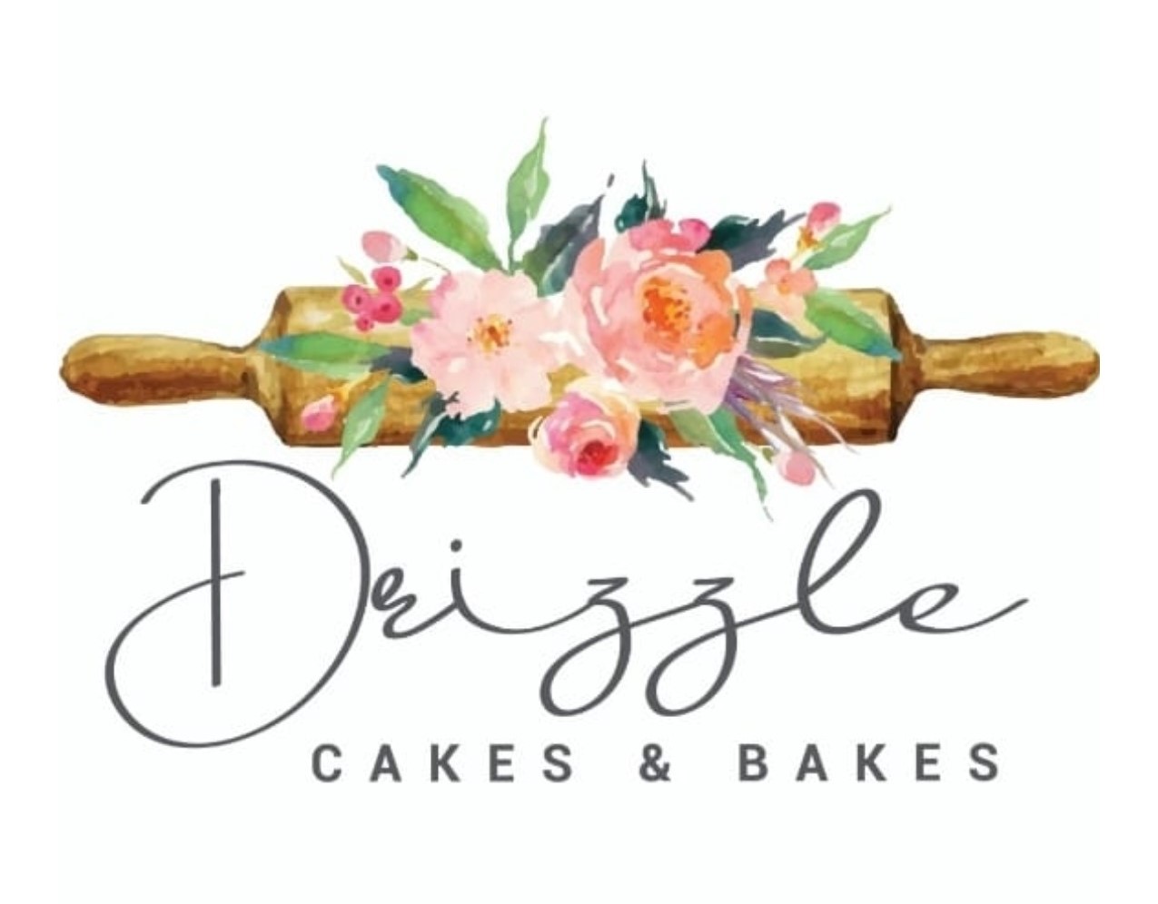 The words drizzle cakes & bakes in black and a rolling pin with pink flowers