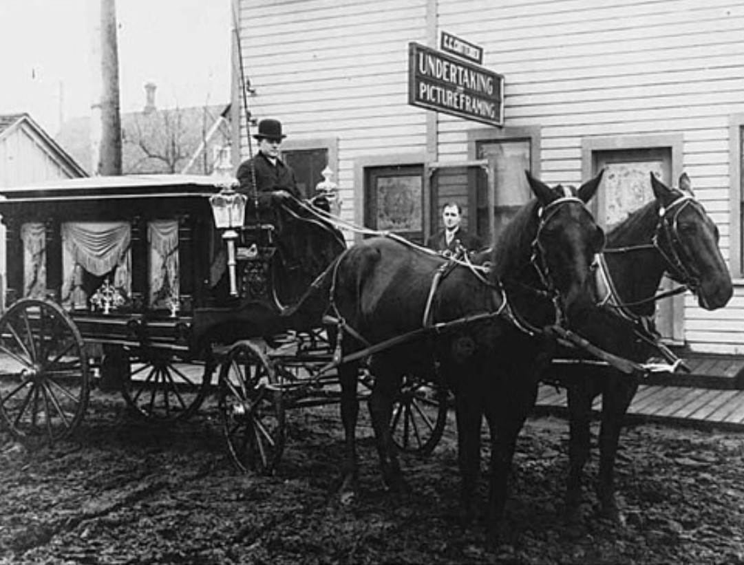 black and white photo of horsedrawn hearse
