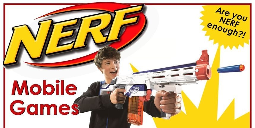 yell and red sign with teen holding a Nerf gun