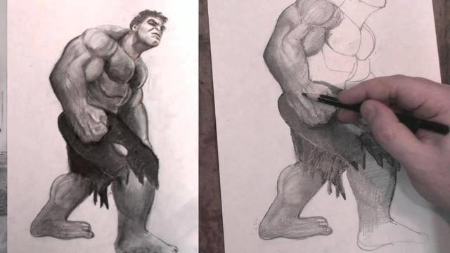 The Hulk in black and white drawing