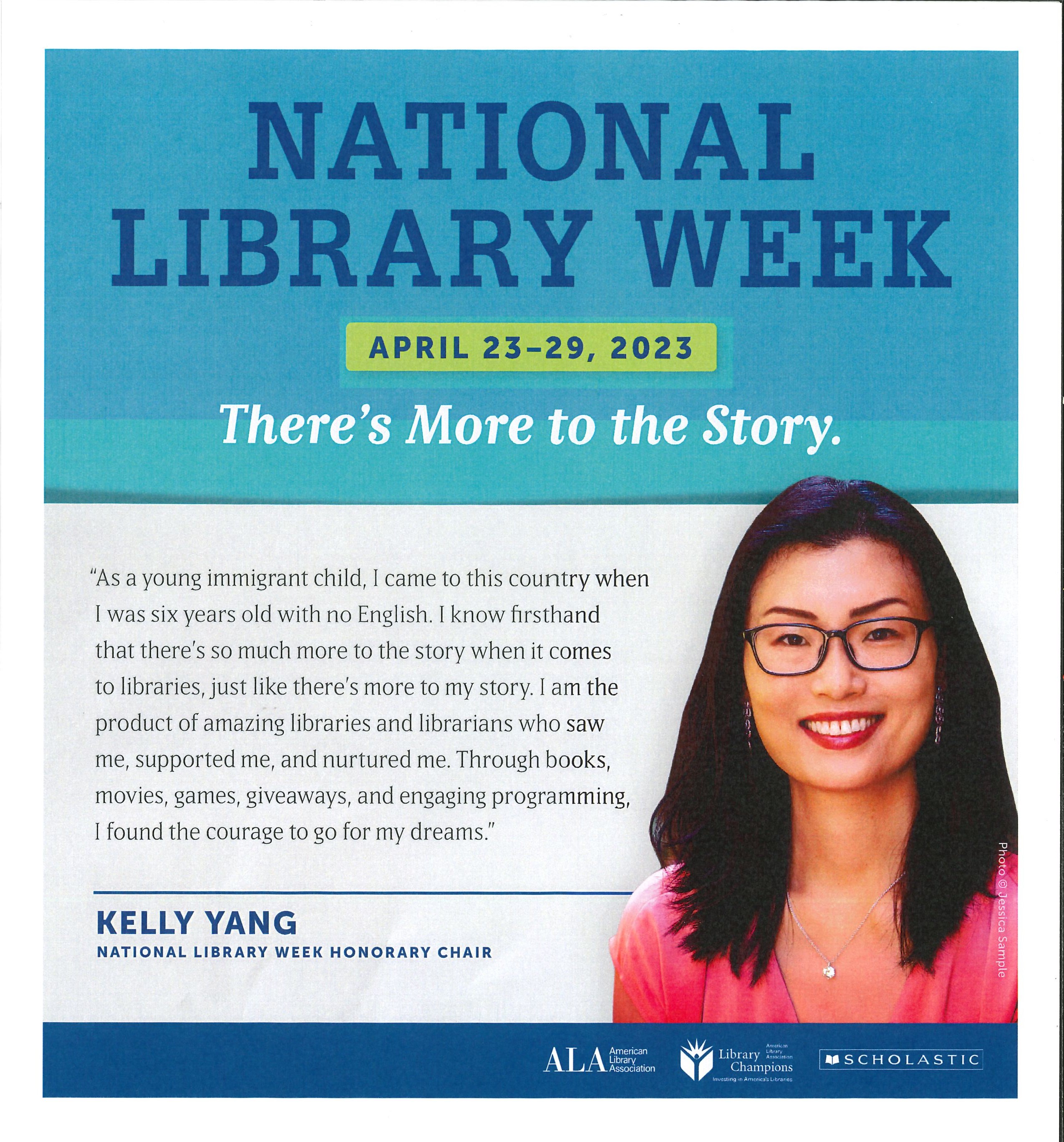 Blue background with sign reading: National Library Week