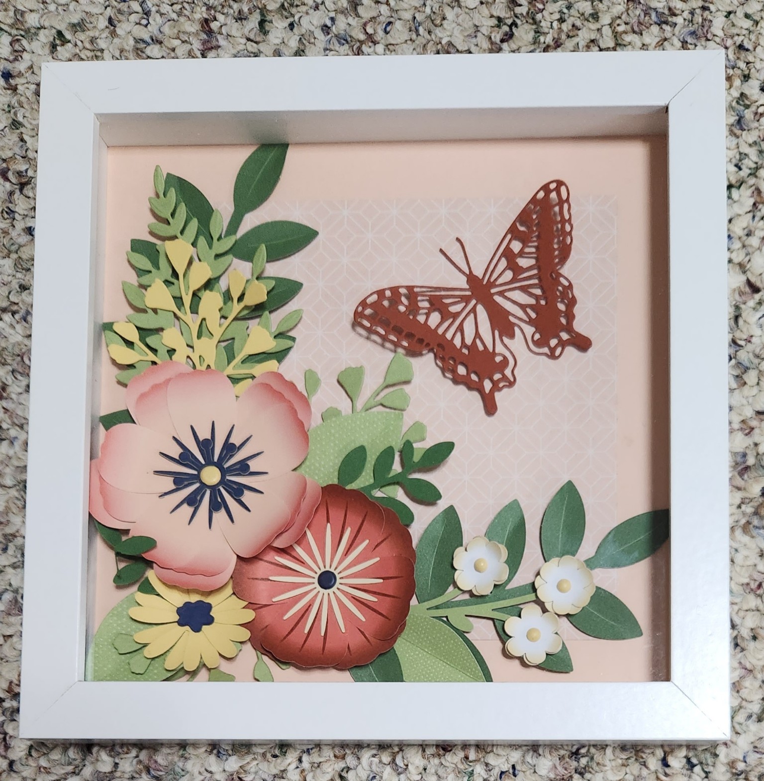 pink flowers, green leaves, butterfly