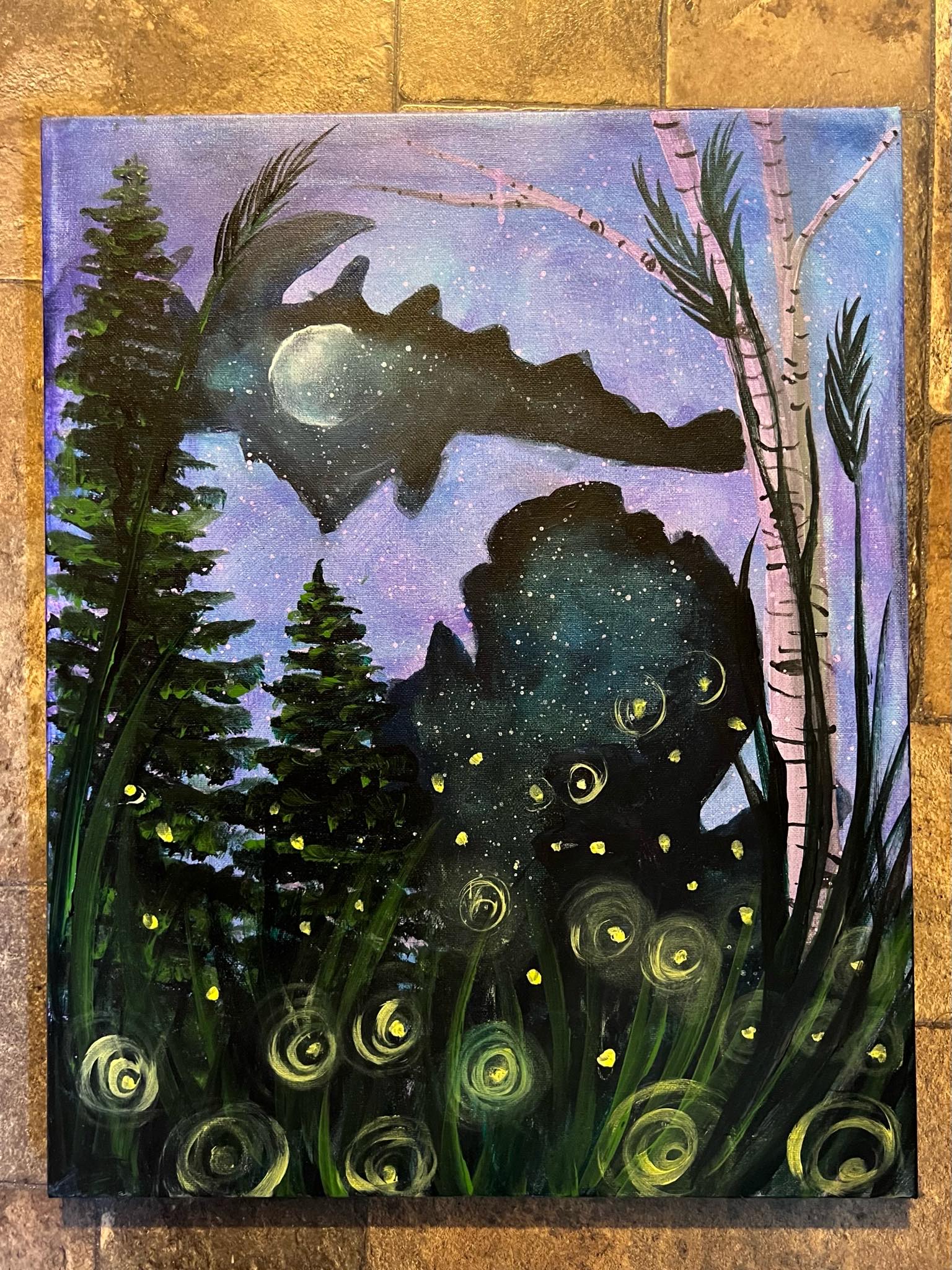 multi colored painting of trees, fireflies, and Michigan outline