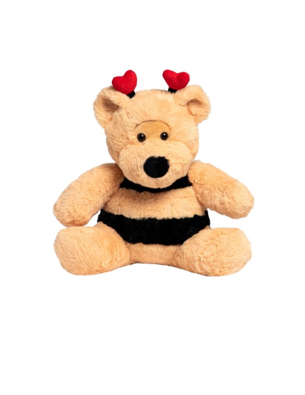 brown teddy bear with black stripes and red hearts on heads