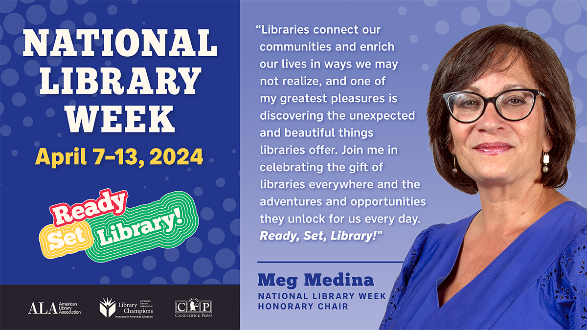 Blue background, white writing, National Library Week