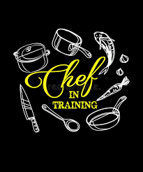 black background, chef in training in yellow