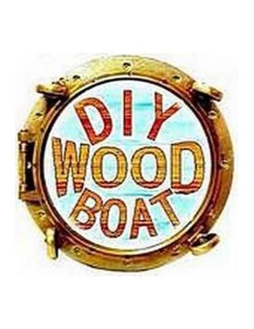 Brown circle with blue water inside and words DIY wood boat