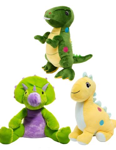 three multi colored stuffed dinosaurs