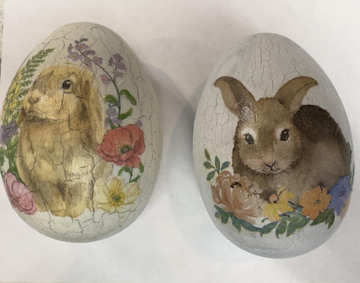 Easter eggs with bunnies decoupaged on the top