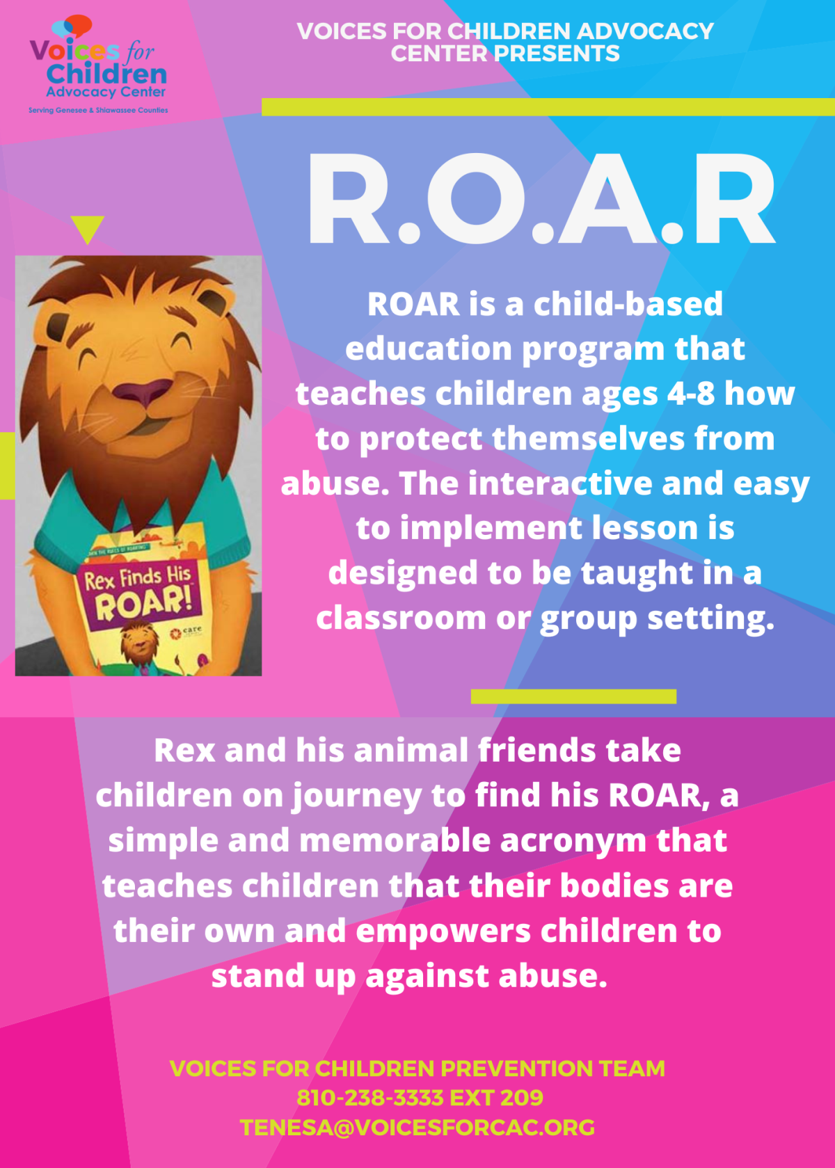 pink and blue sign with the R.O.A.R lion logo