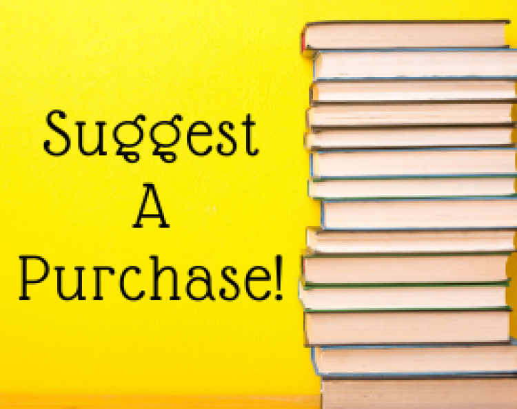 Suggest a Purchase on a yellow background with a stack of books